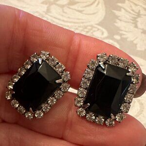 Costune Jewelry - Black Emerald Square Cut Post Earrings with Rhinestones EUC